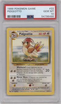 Pidgeotto from the 1999 Pokemon set graded by PSA and given an overall grade of 10.