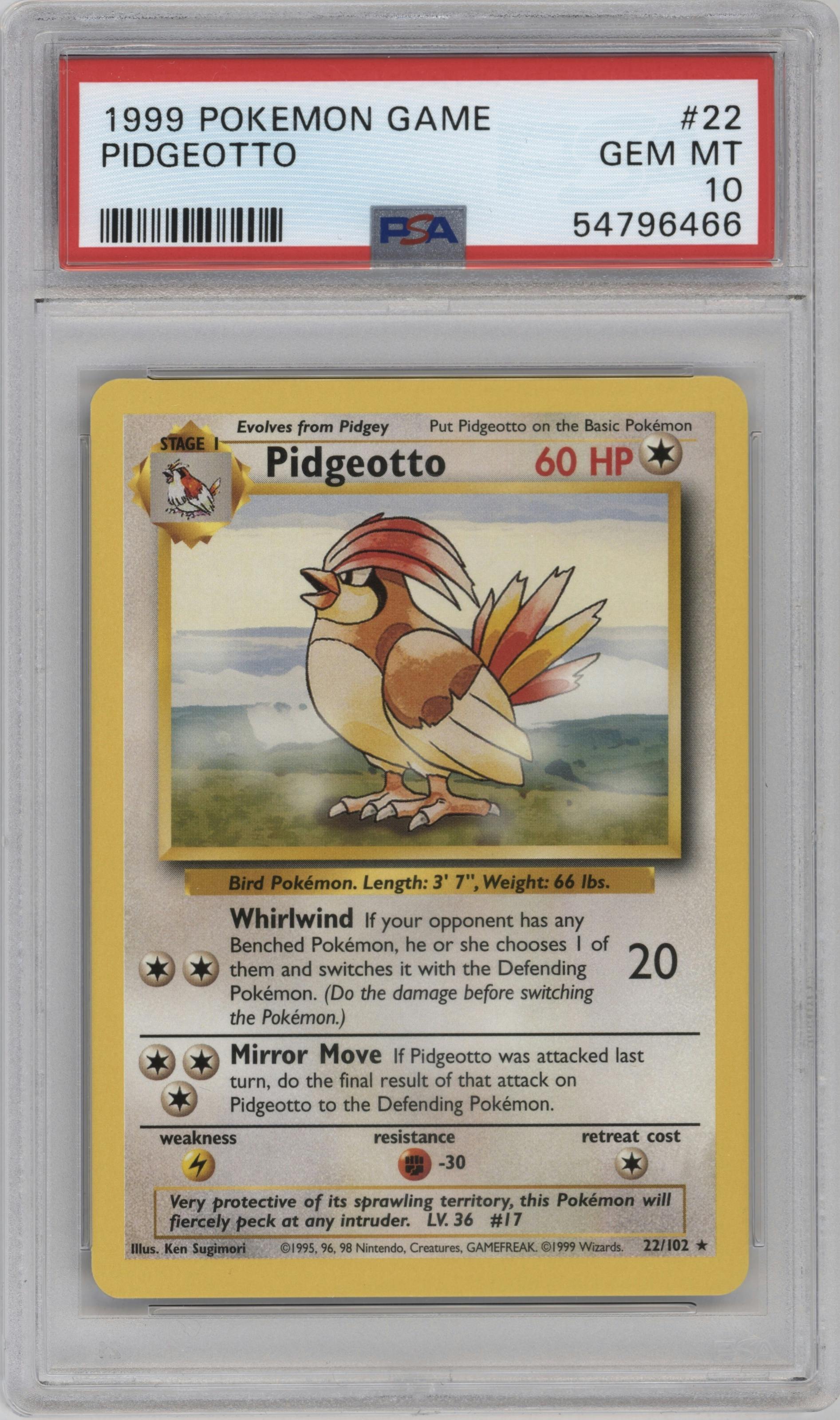 Pidgeotto from the 1999 Pokemon set graded by PSA and given an overall grade of 10.