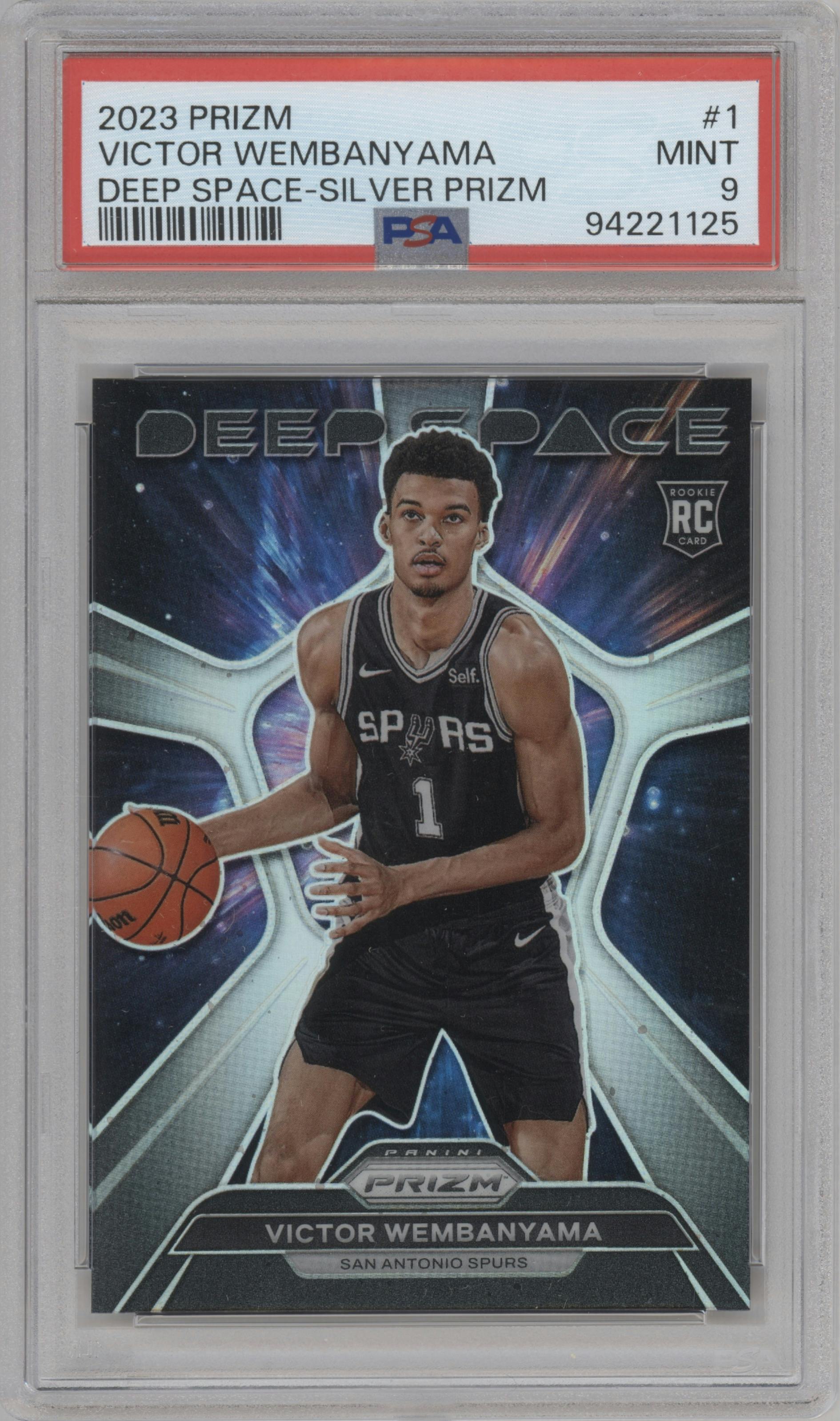 Victor Wembanyama from the 2023-24 Panini Prizm set featuring a Silver Prizm parallel graded by PSA and given an overall grade of 9.