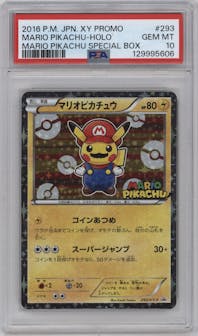 Mario Pikachu from the 2016 Pokemon XY JPN set featuring a Mario Pikachu Special Box parallel graded by PSA and given an overall grade of 10.