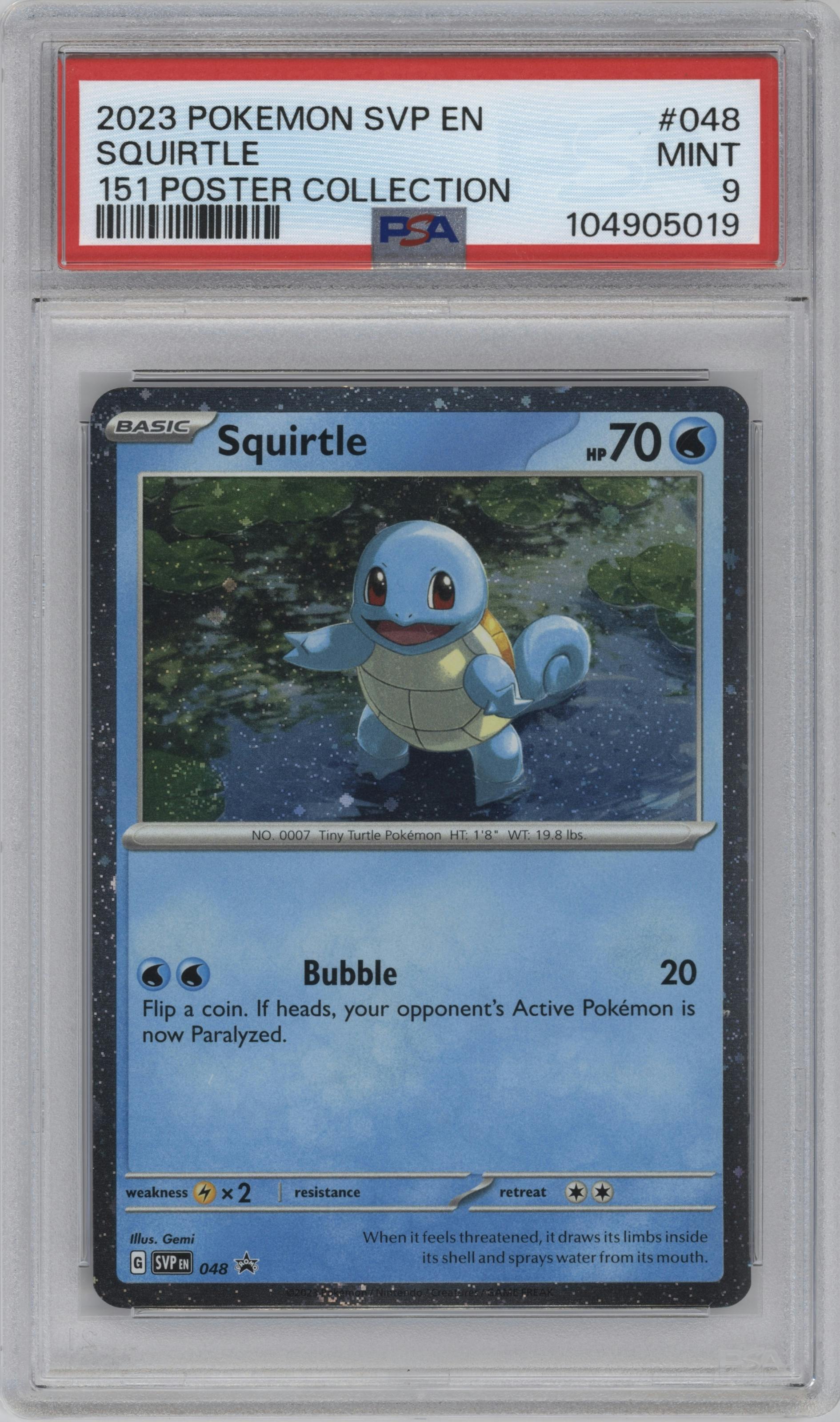 Squirtle from the 2023 Pokemon SV set featuring a Scarlet & Violet 151 Poster Collection parallel graded by PSA and given an overall grade of 9.