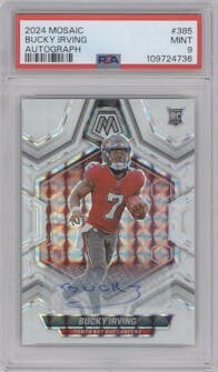 Bucky Irving from the 2024 Panini Mosaic set graded by PSA and given an overall grade of 9.