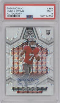 Bucky Irving from the 2024 Panini Mosaic set graded by PSA and given an overall grade of 9.