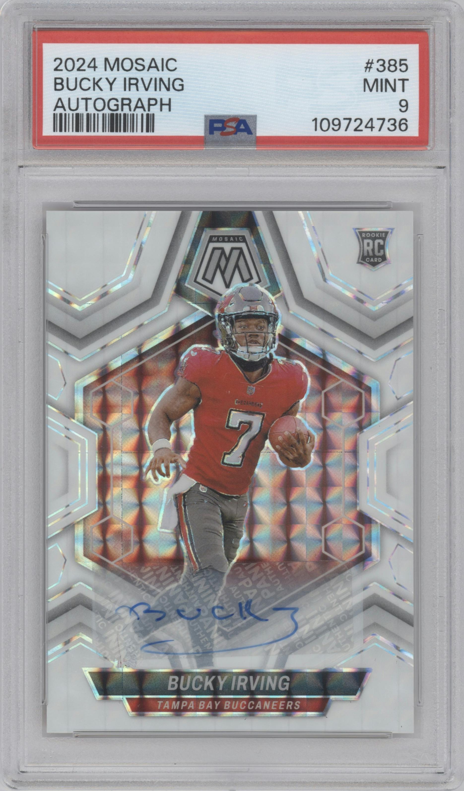 Bucky Irving from the 2024 Panini Mosaic set graded by PSA and given an overall grade of 9.