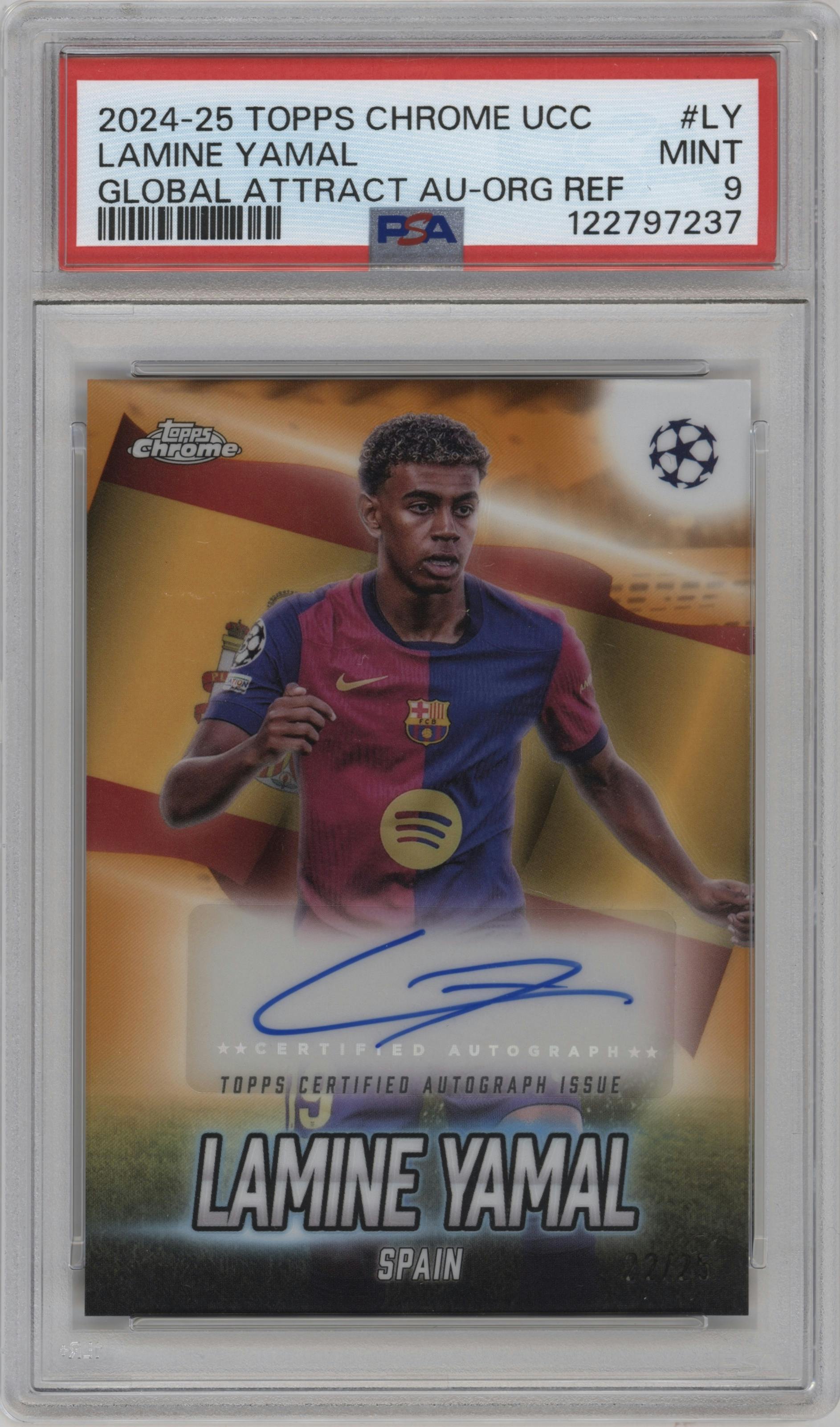 Lamine Yamal from the 2024-25 Topps Chrome UEFA Club Competitions set featuring a Orange Refractor parallel graded by PSA and given an overall grade of 9.