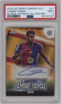 Lamine Yamal from the 2024-25 Topps Chrome UEFA Club Competitions set featuring a Orange Refractor parallel graded by PSA and given an overall grade of 9.
