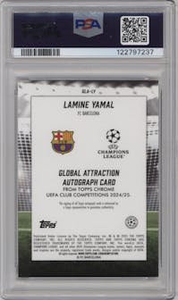 Lamine Yamal from the 2024-25 Topps Chrome UEFA Club Competitions set featuring a Orange Refractor parallel graded by PSA and given an overall grade of 9.