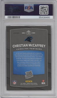Christian McCaffrey from the 2017 Panini Donruss Optic set featuring a Holo parallel graded by PSA and given an overall grade of 8.