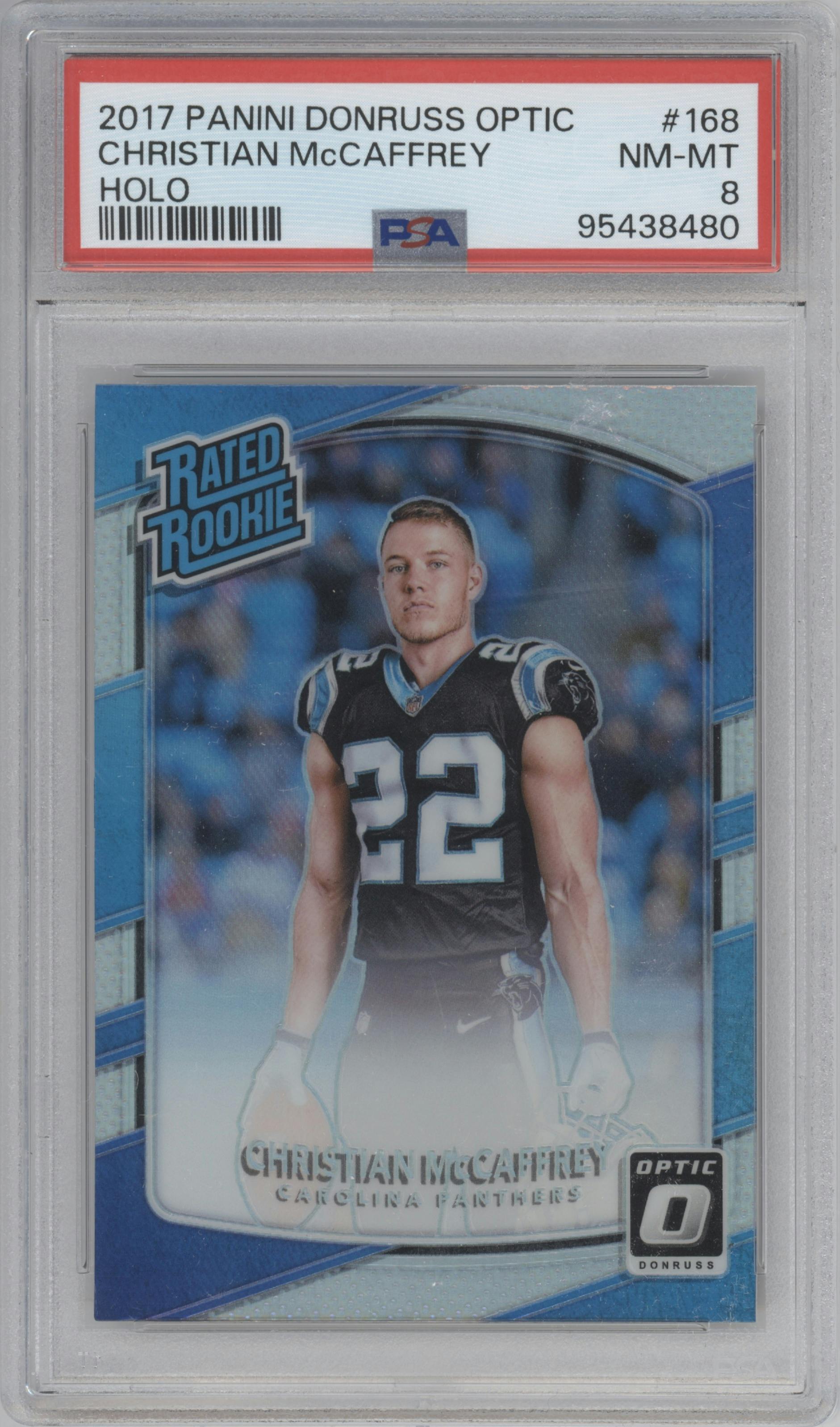 Christian McCaffrey from the 2017 Panini Donruss Optic set featuring a Holo parallel graded by PSA and given an overall grade of 8.