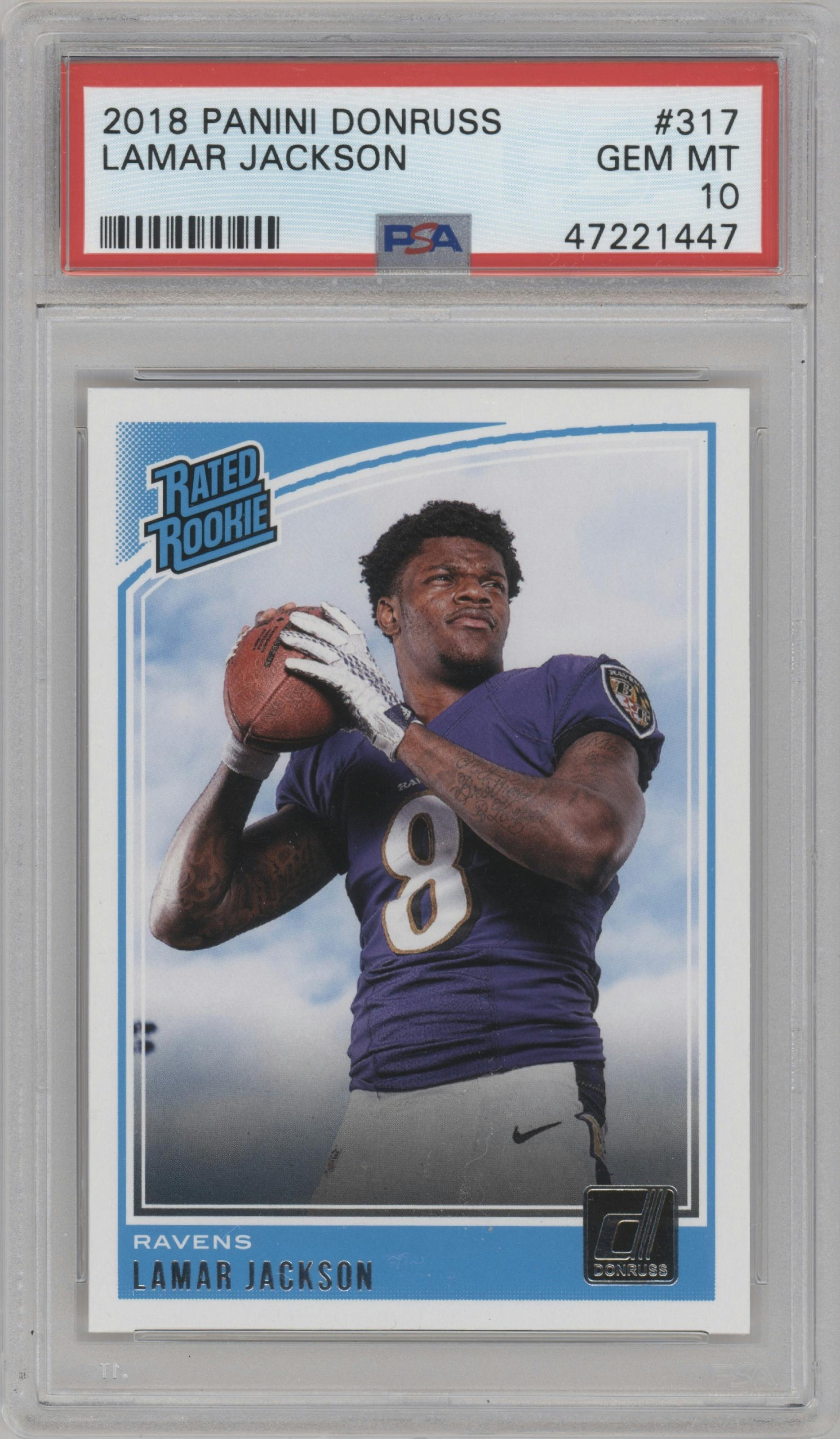 Lamar Jackson from the 2018 Panini Donruss set graded by PSA and given an overall grade of 10.