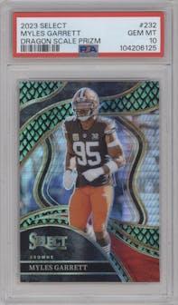 Myles Garrett from the 2023 Panini Select set featuring a Dragon Scale parallel graded by PSA and given an overall grade of 10.
