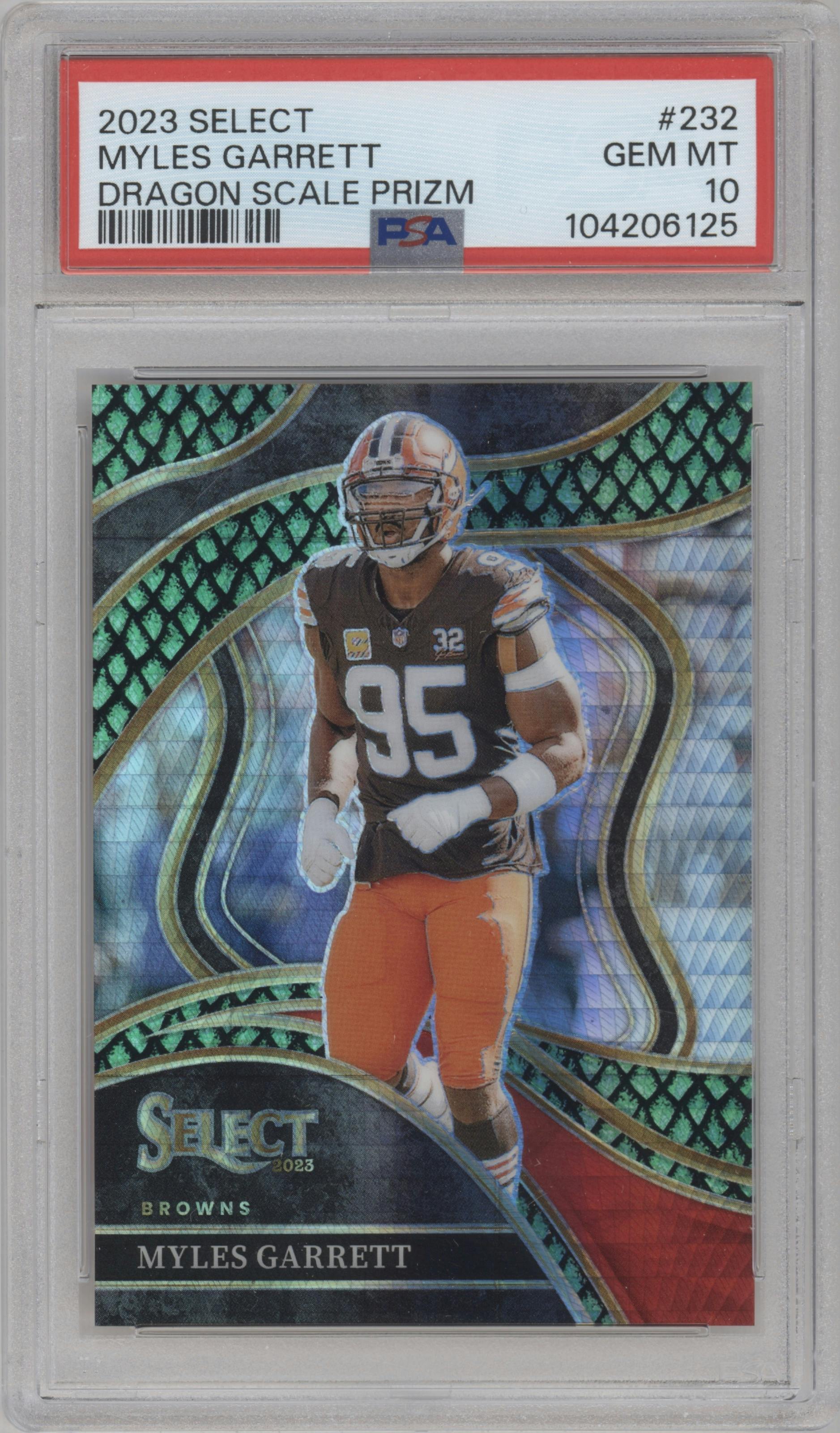 Myles Garrett from the 2023 Panini Select set featuring a Dragon Scale parallel graded by PSA and given an overall grade of 10.