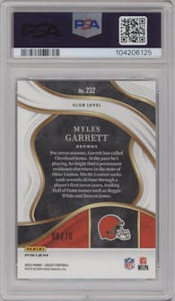Myles Garrett from the 2023 Panini Select set featuring a Dragon Scale parallel graded by PSA and given an overall grade of 10.