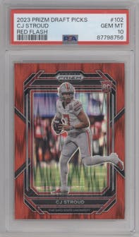 CJ Stroud from the 2023 Panini Prizm Draft Picks set featuring a Red Flash parallel graded by PSA and given an overall grade of 10.