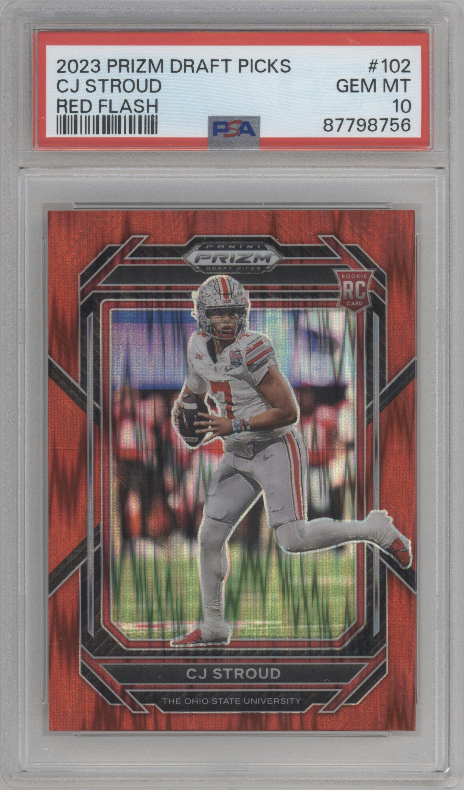 CJ Stroud from the 2023 Panini Prizm Draft Picks set featuring a Red Flash parallel graded by PSA and given an overall grade of 10.