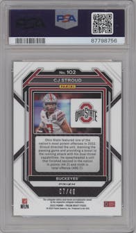 CJ Stroud from the 2023 Panini Prizm Draft Picks set featuring a Red Flash parallel graded by PSA and given an overall grade of 10.
