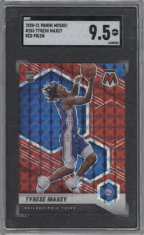Tyrese Maxey from the 2020-21 Panini Mosaic set featuring a Red Mosaic parallel graded by SGC and given an overall grade of 9.5.