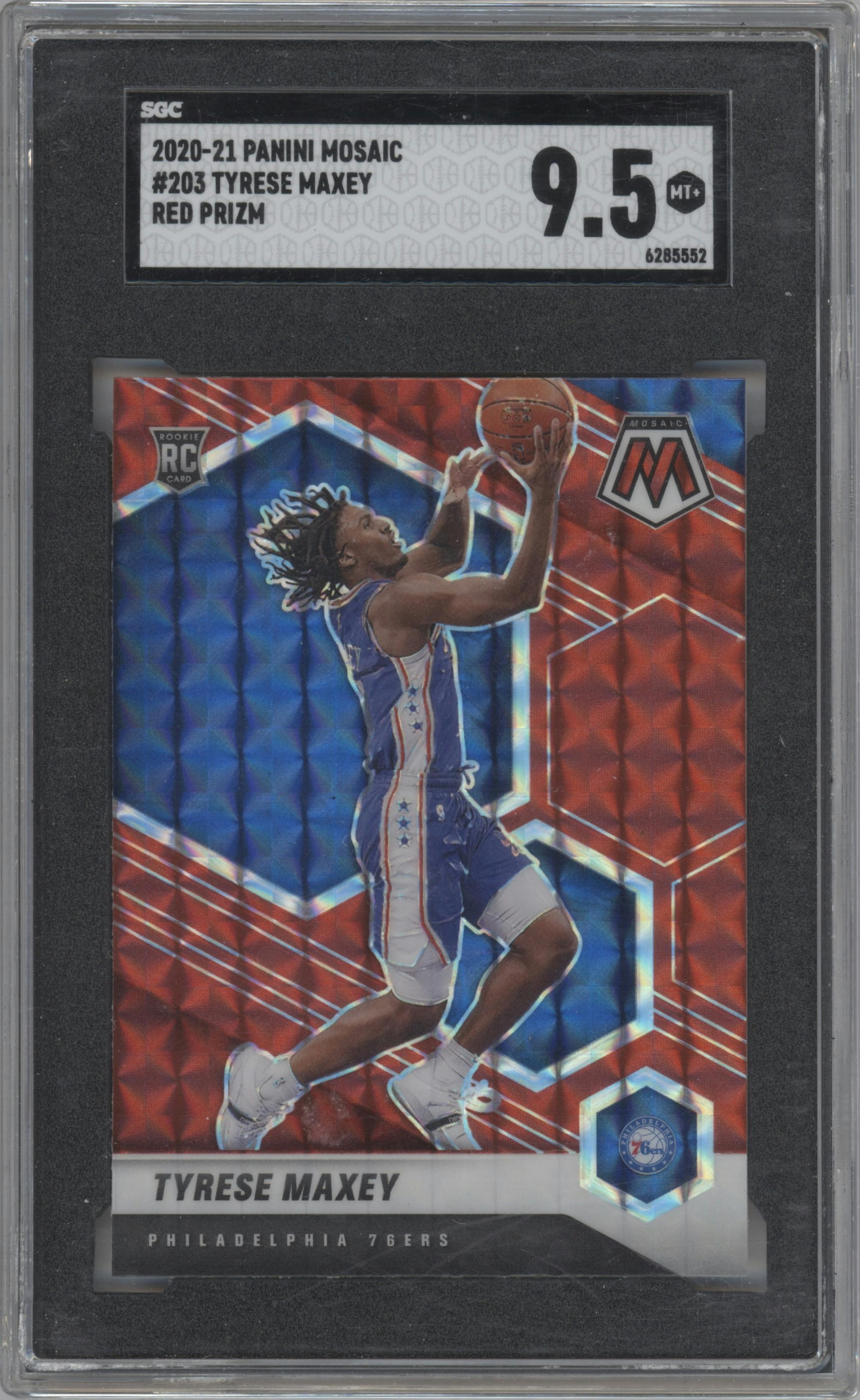 Tyrese Maxey from the 2020-21 Panini Mosaic set featuring a Red Mosaic parallel graded by SGC and given an overall grade of 9.5.