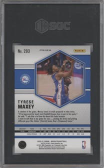 Tyrese Maxey from the 2020-21 Panini Mosaic set featuring a Red Mosaic parallel graded by SGC and given an overall grade of 9.5.