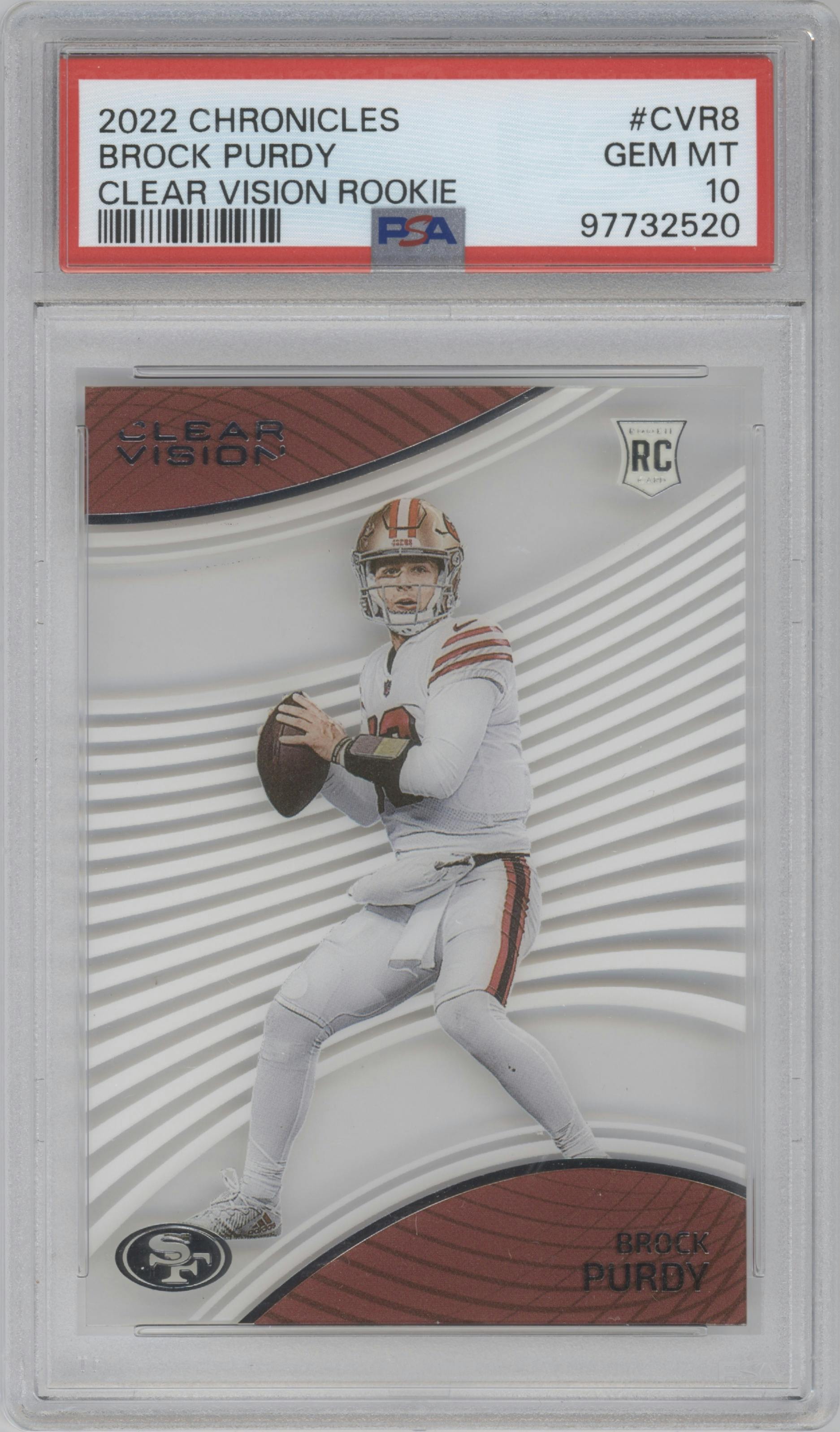 Brock Purdy from the 2022 Panini Chronicles set graded by PSA and given an overall grade of 10.