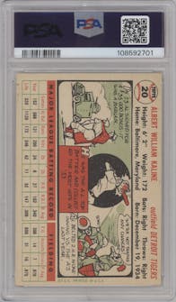 Al Kaline from the 1956 Topps set featuring a White Back parallel graded by PSA and given an overall grade of 5.