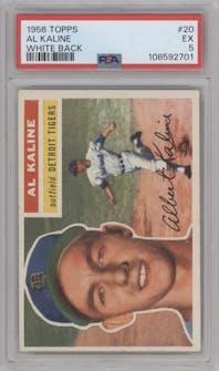 Al Kaline from the 1956 Topps set featuring a White Back parallel graded by PSA and given an overall grade of 5.