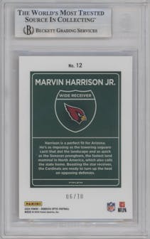Marvin Harrison Jr. from the 2024 Donruss Optic set featuring a Gold parallel graded by Beckett and given an overall grade of 9.