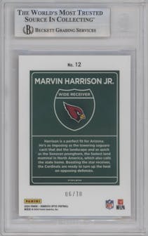 Marvin Harrison Jr. from the 2024 Donruss Optic set featuring a Gold parallel graded by Beckett and given an overall grade of 9.