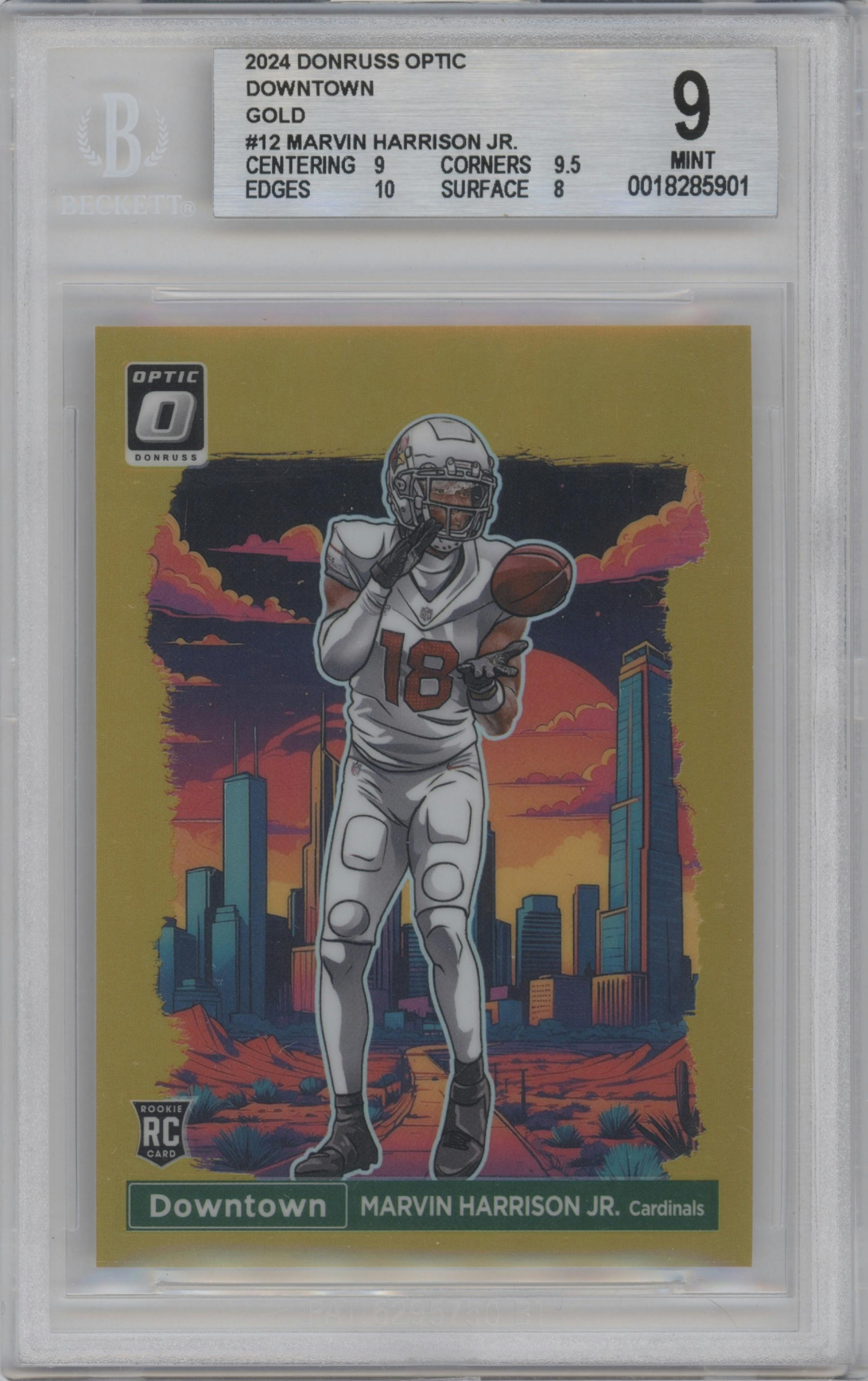 Marvin Harrison Jr. from the 2024 Donruss Optic set featuring a Gold parallel graded by Beckett and given an overall grade of 9.