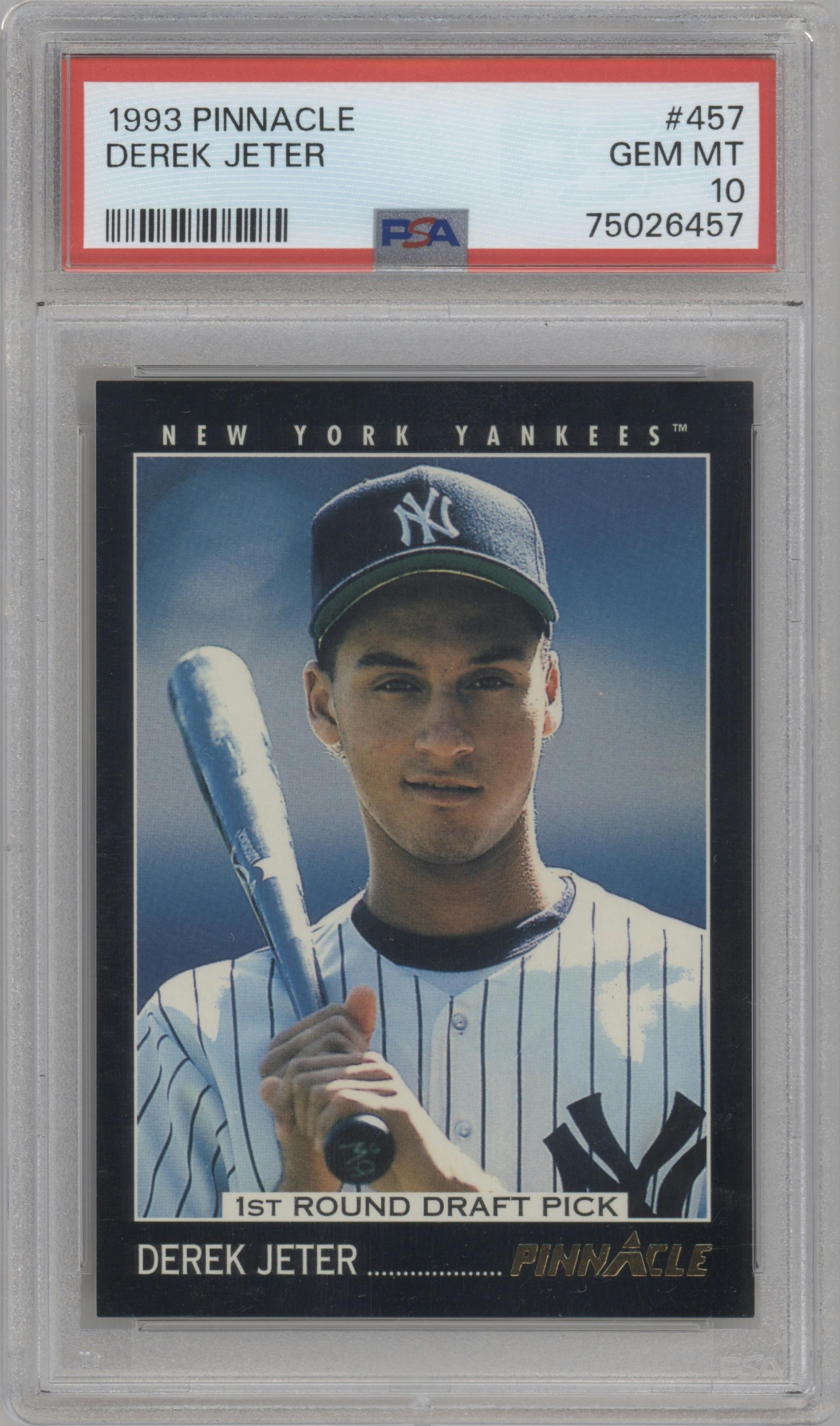 Derek Jeter from the 1993 Pinnacle set graded by PSA and given an overall grade of 10.