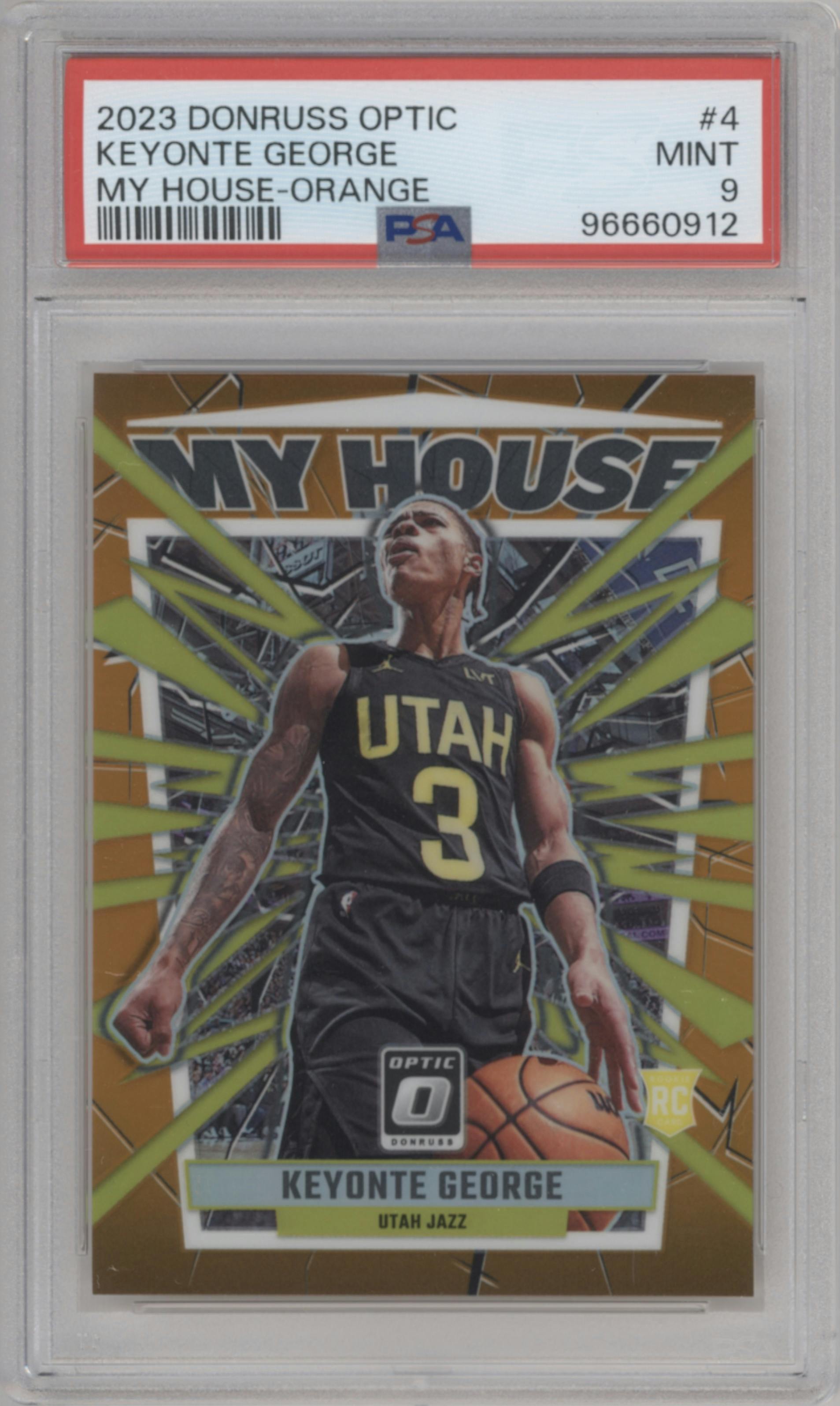 Keyonte George from the 2023-24 Donruss Optic set featuring a Orange parallel graded by PSA and given an overall grade of 9.