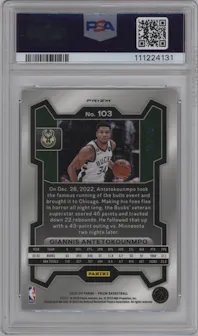 Giannis Antetokounmpo from the 2023-24 Panini Prizm set featuring a Choice Cherry Blossom parallel graded by PSA and given an overall grade of 10.
