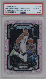Giannis Antetokounmpo from the 2023-24 Panini Prizm set featuring a Choice Cherry Blossom parallel graded by PSA and given an overall grade of 10.