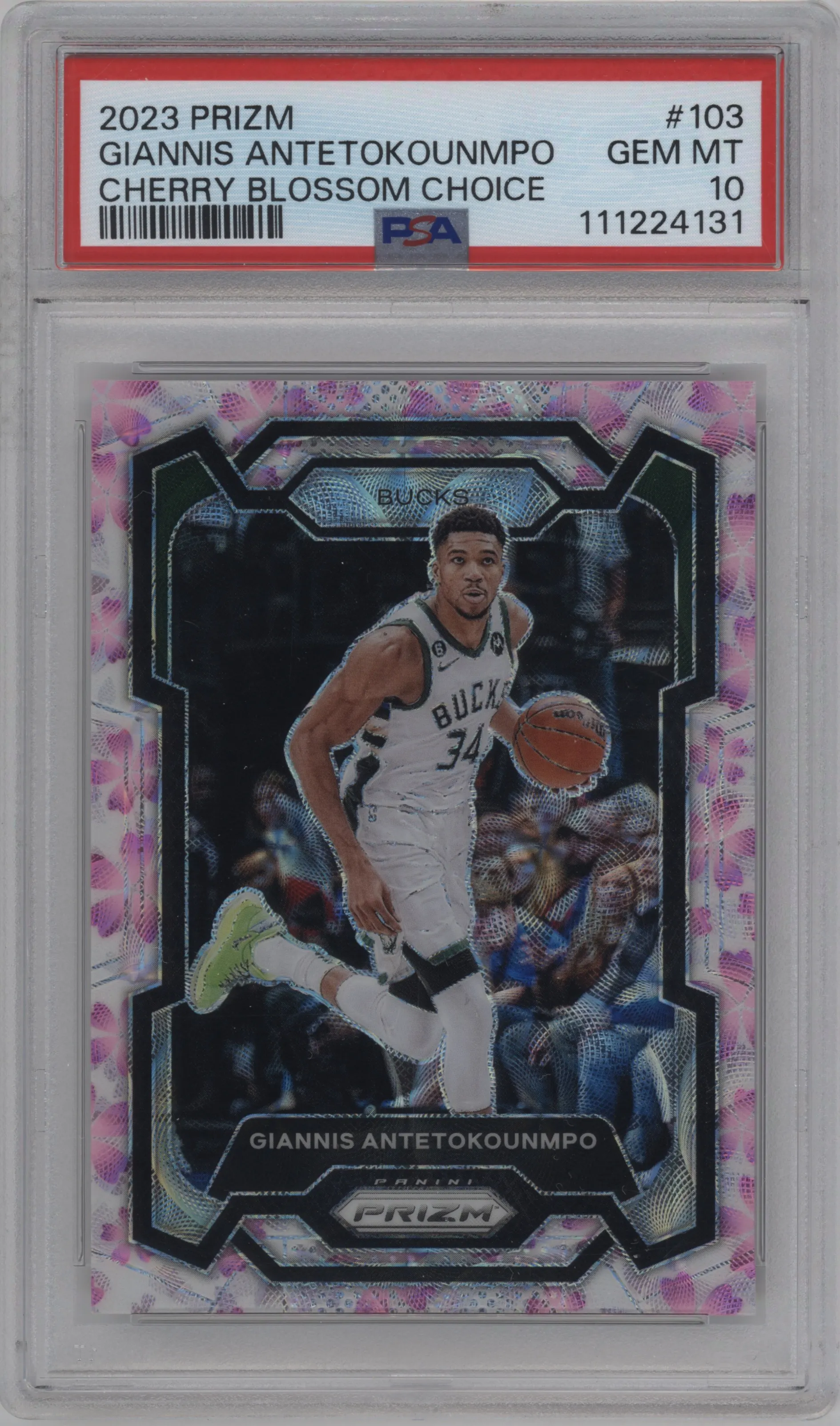 Giannis Antetokounmpo from the 2023-24 Panini Prizm set featuring a Choice Cherry Blossom parallel graded by PSA and given an overall grade of 10.