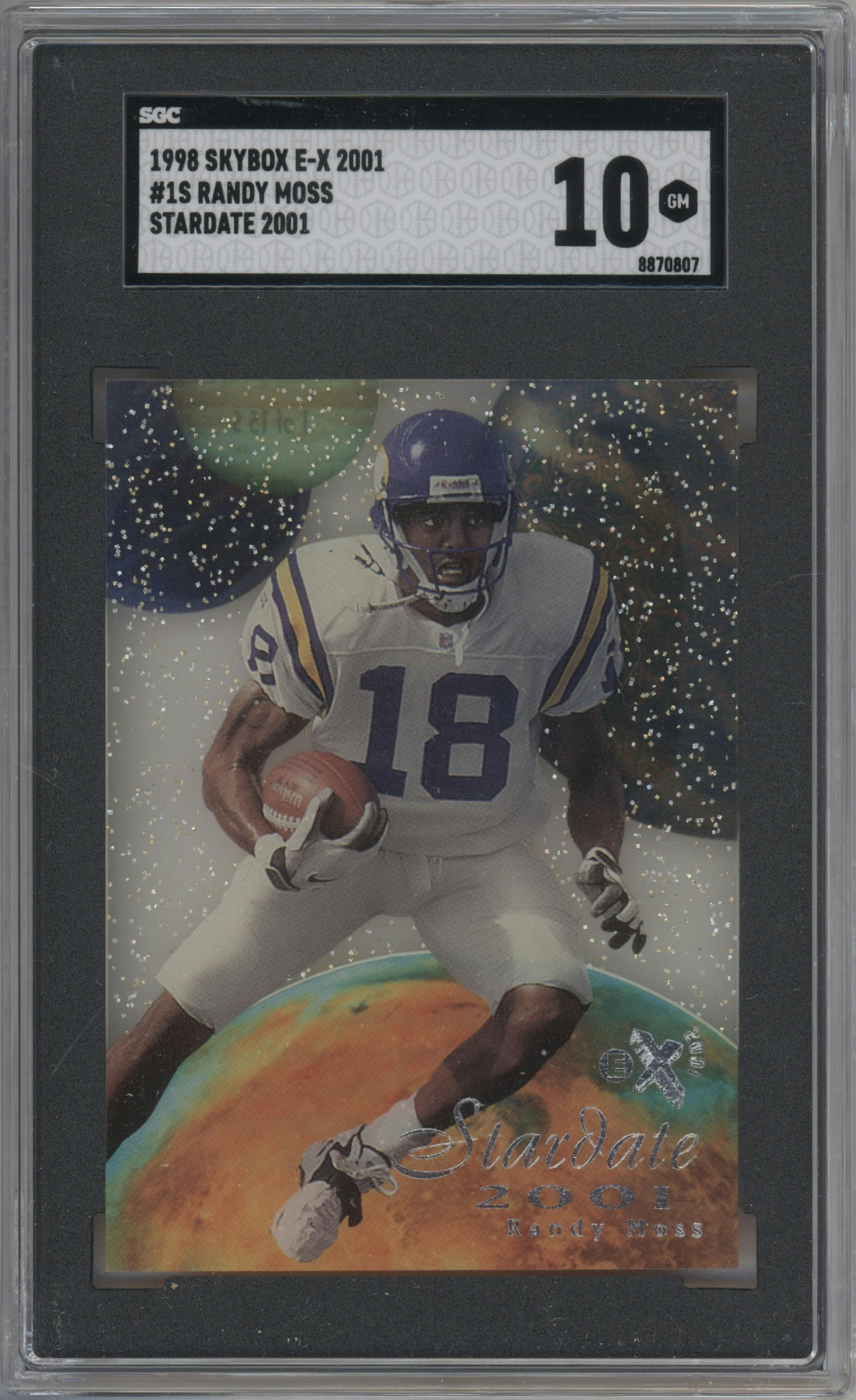 Randy Moss from the 1998 SkyBox E-X2001 set graded by SGC and given an overall grade of 10.