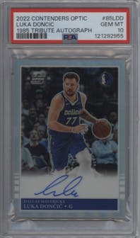 Luka Doncic from the 2022-23 Panini Contenders Optic set graded by PSA and given an overall grade of 10.