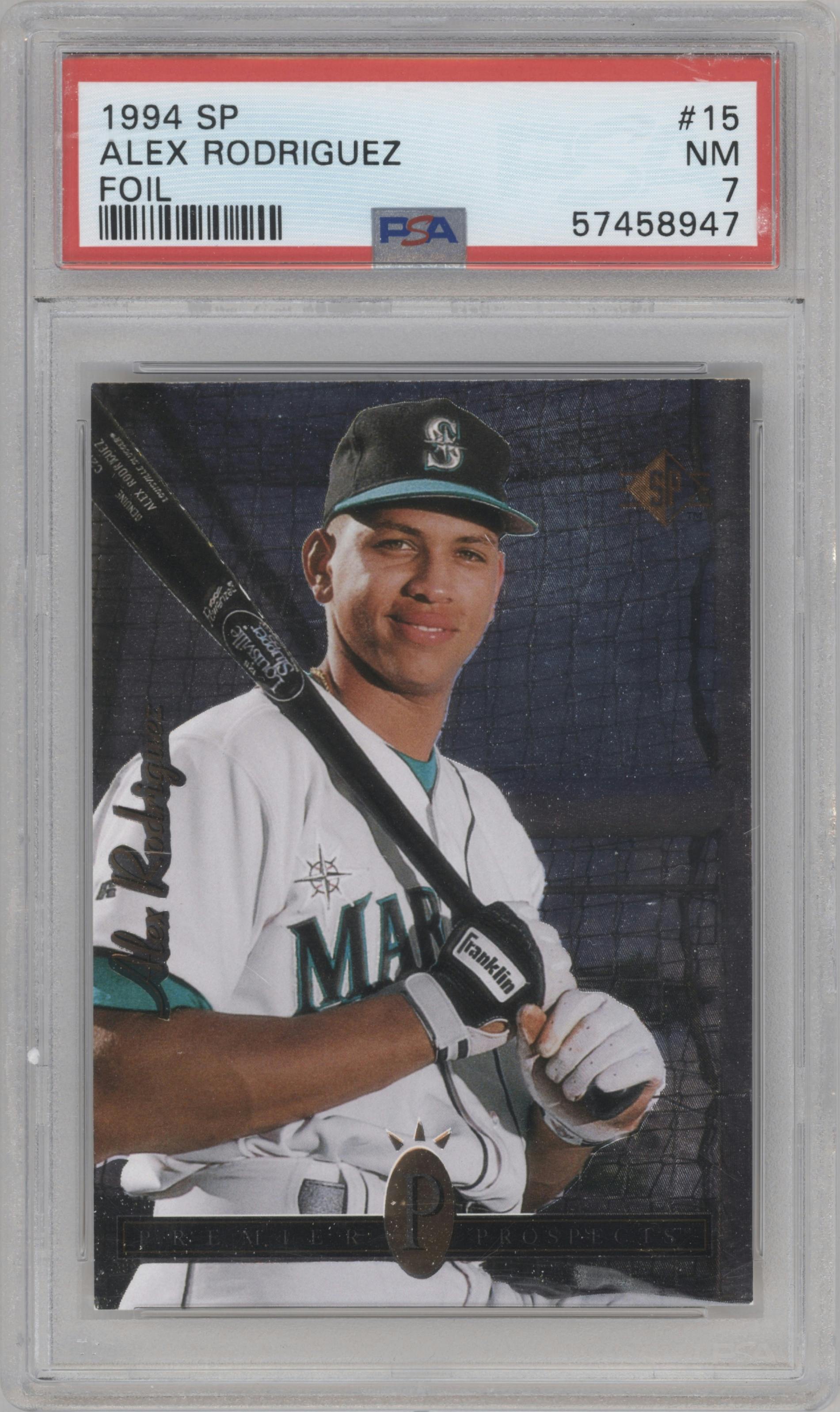 Alex Rodriguez from the 1994 Upper Deck SP set featuring a Foil parallel graded by PSA and given an overall grade of 7.