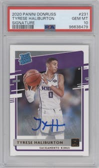 Tyrese Haliburton from the 2020-21 Panini Donruss set graded by PSA and given an overall grade of 10.