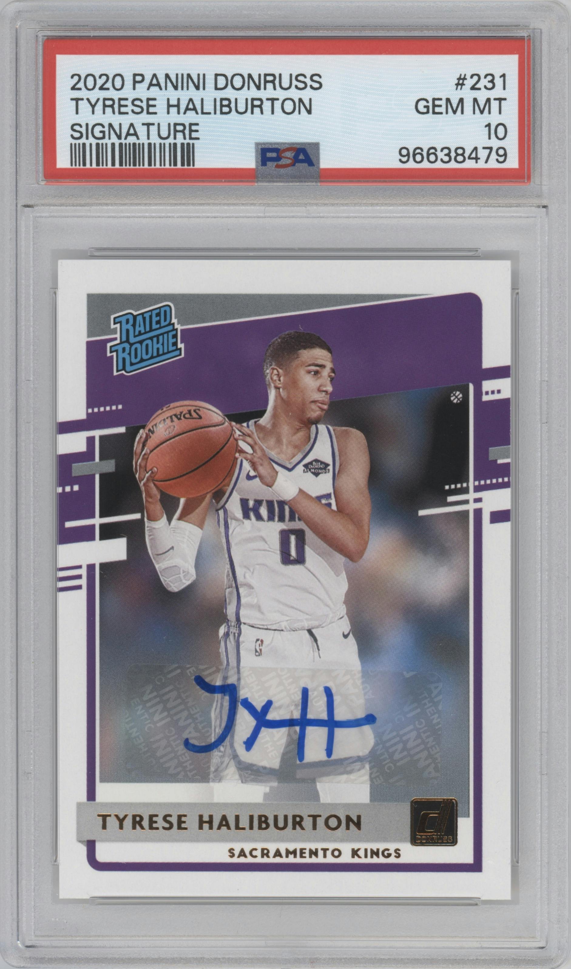 Tyrese Haliburton from the 2020-21 Panini Donruss set graded by PSA and given an overall grade of 10.