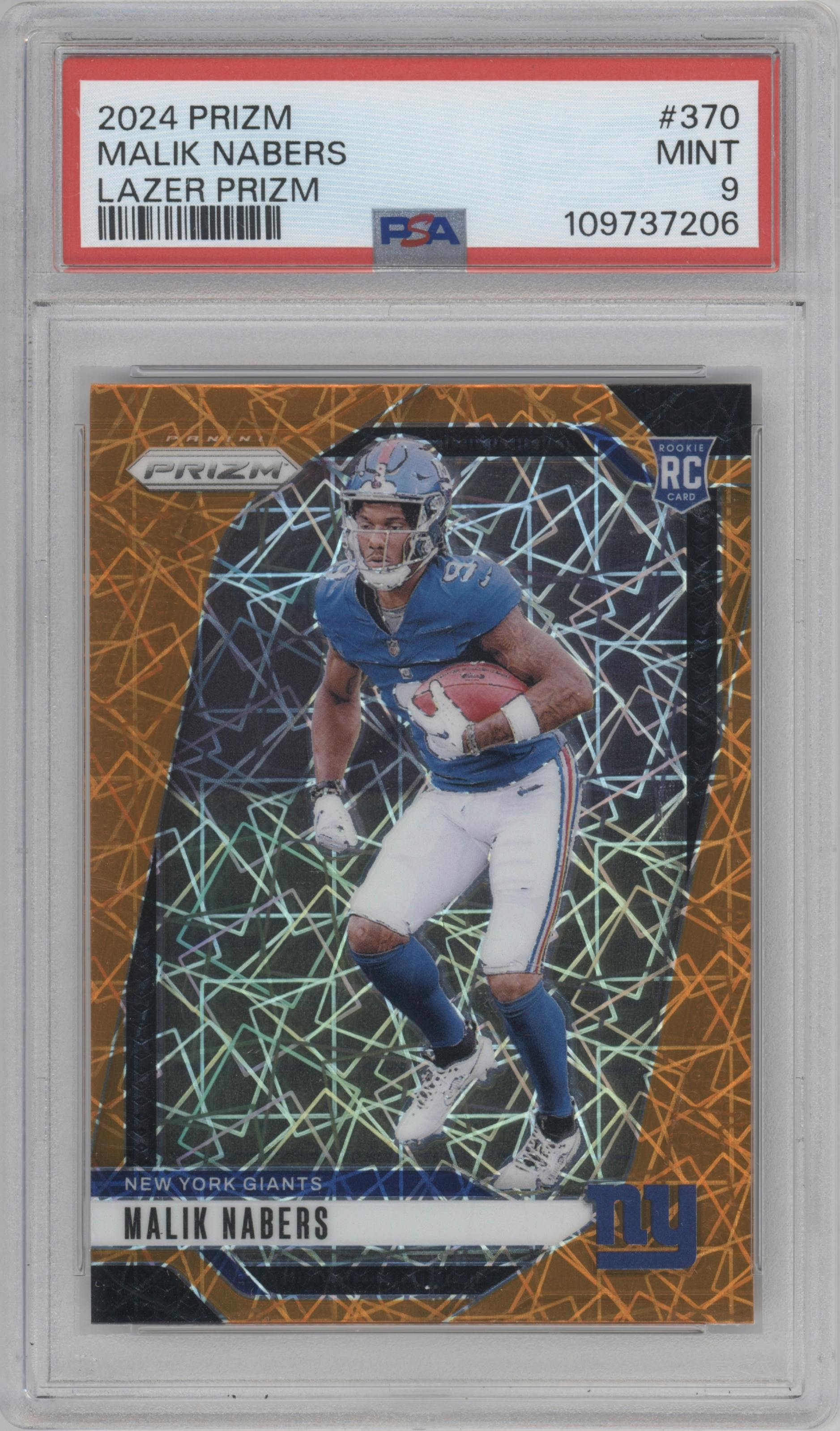 Malik Nabers from the 2024 Panini Prizm set featuring a Lazer Prizm parallel graded by PSA and given an overall grade of 9.