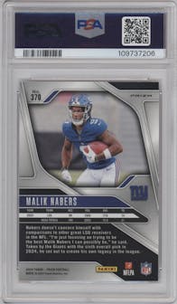 Malik Nabers from the 2024 Panini Prizm set featuring a Lazer Prizm parallel graded by PSA and given an overall grade of 9.