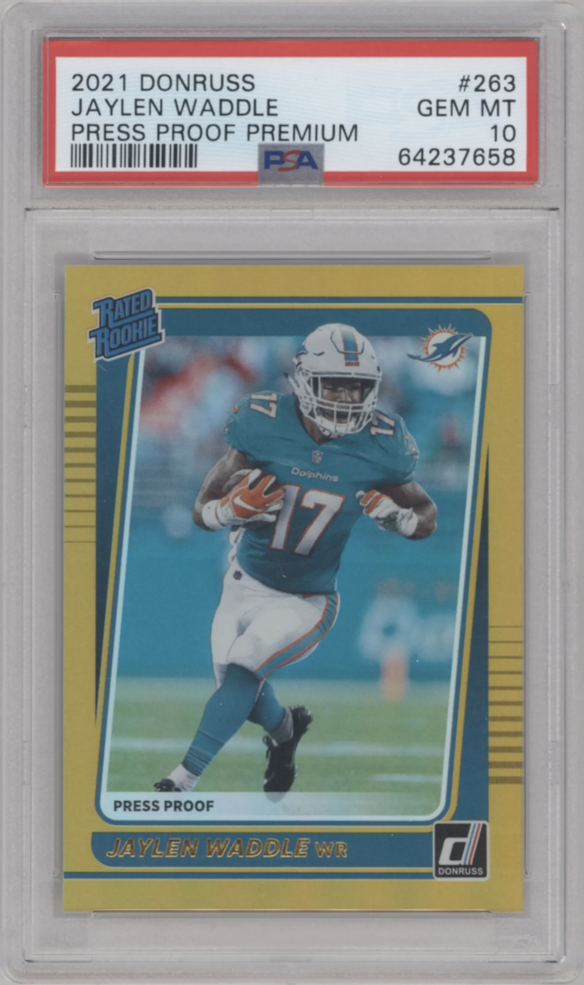 2021 Panini Donruss Rated Rookie Jaylen Waddle Press Proof Premium #263 PSA 10