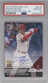 Shohei Ohtani from the 2018-19 Topps Now Offseason set featuring a Blue parallel graded by PSA and given an overall grade of 10.