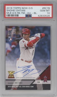 Shohei Ohtani from the 2018-19 Topps Now Offseason set featuring a Blue parallel graded by PSA and given an overall grade of 10.
