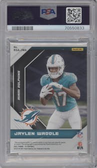 Jaylen Waddle from the 2021 Panini XR set featuring a Green parallel graded by PSA and given an overall grade of 8.