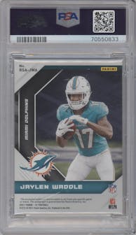 Jaylen Waddle from the 2021 Panini XR set featuring a Green parallel graded by PSA and given an overall grade of 8.