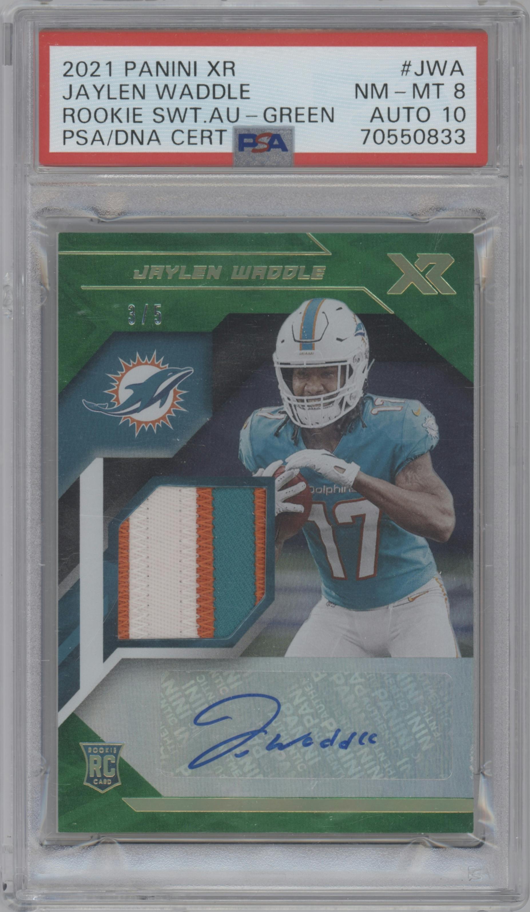 Jaylen Waddle from the 2021 Panini XR set featuring a Green parallel graded by PSA and given an overall grade of 8.