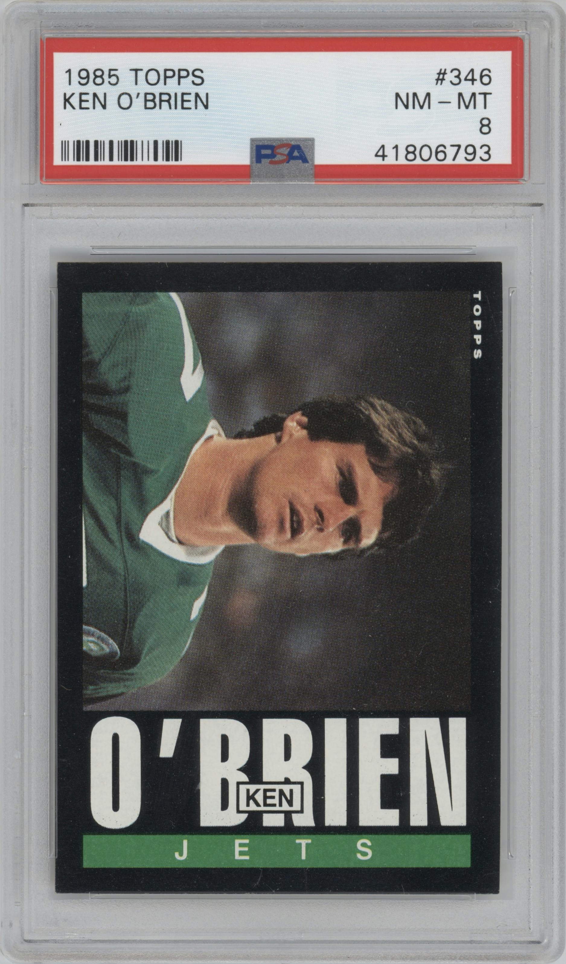 Ken O'Brien from the 1985 Topps set graded by PSA and given an overall grade of 8.