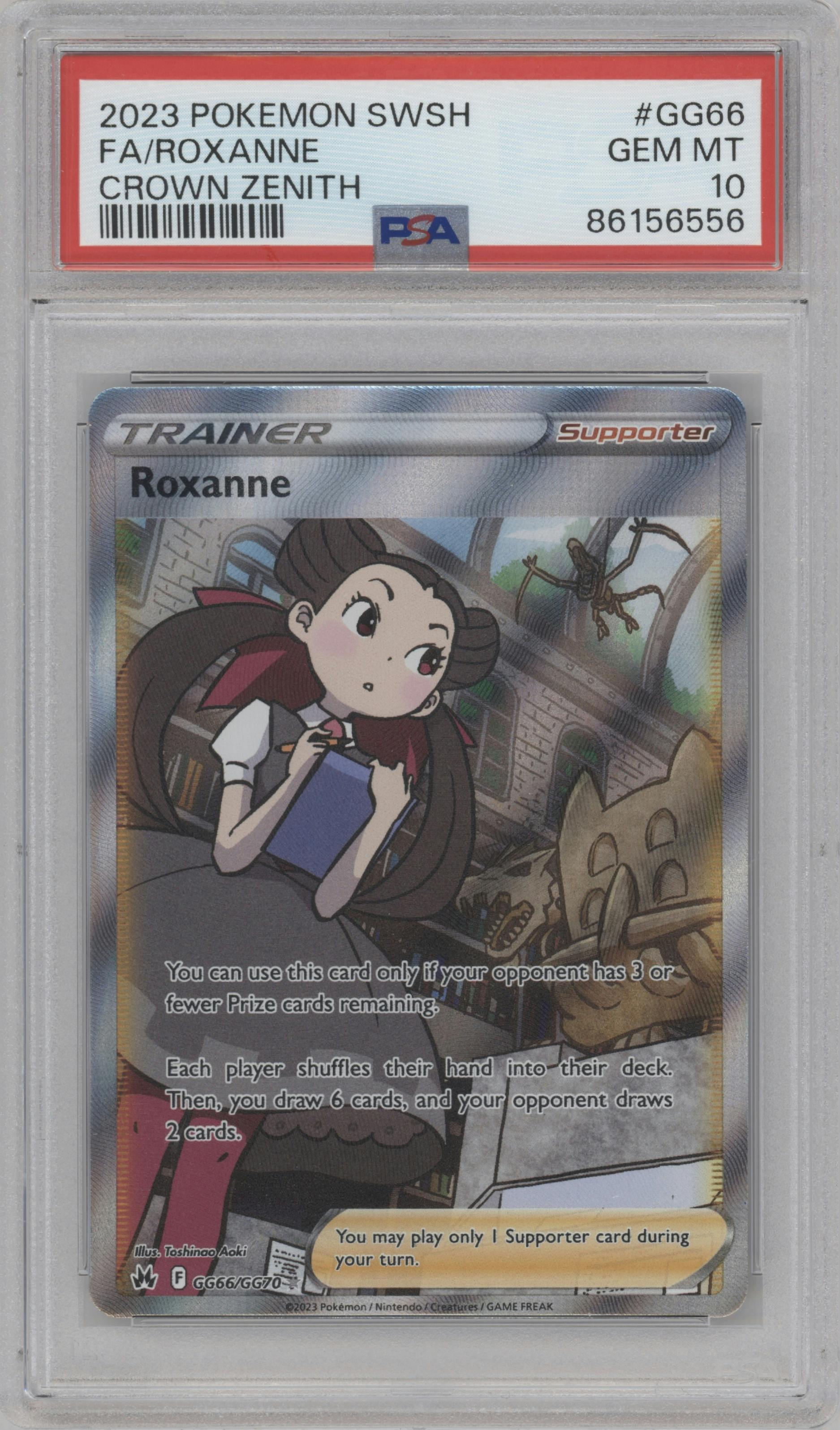 Roxanne from the 2023 Pokemon SWSH set graded by PSA and given an overall grade of 10.