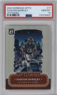 Saquon Barkley from the 2024 Donruss Optic set graded by PSA and given an overall grade of 10.